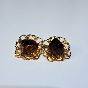 Vintage Retro Gold Filigree Clip-on Earrings Brown Stone Chips Smokey Quartz